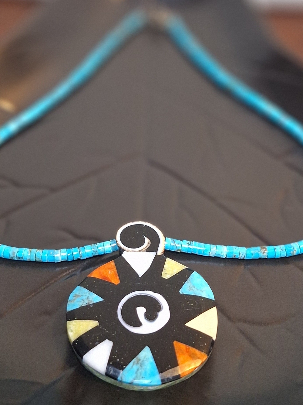 Mary Louise Tafoya Kewa Pueblo Mosaic Inlay Sunburst Turquoise Necklace MLT